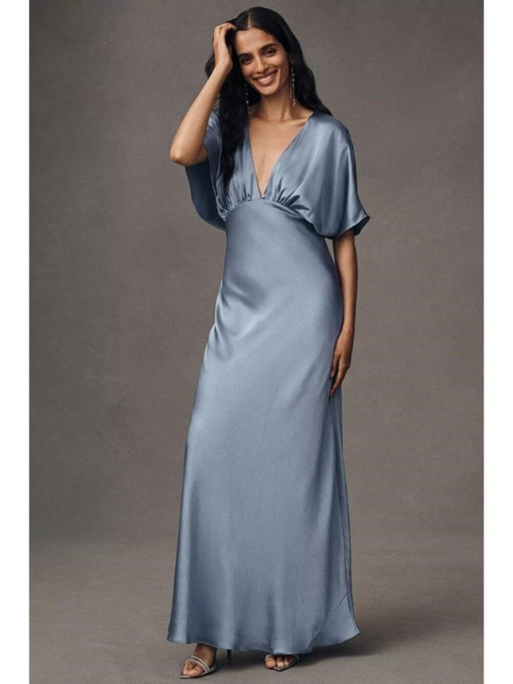 BHLDN Women's Amelia Deep-V Flutter-Sleeve Satin A-Line Gown Sz L in Steel Blue